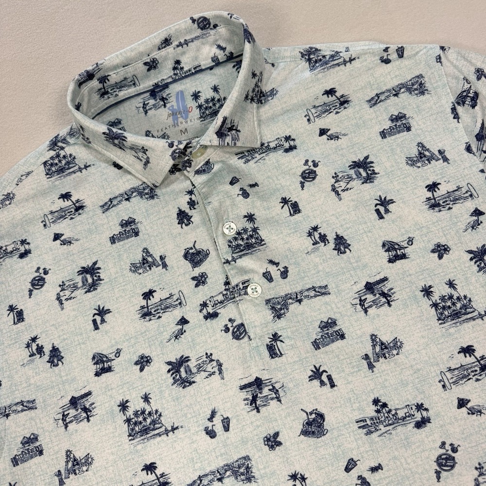 Johnnie-O Featherweight Polo Shirt‎ Mens Medium Blue Tiki Bar AOP Print